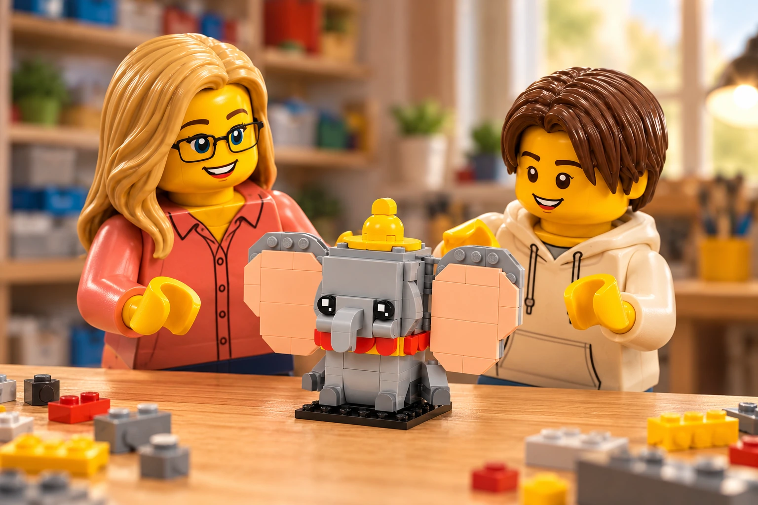 Illustration générée autour du LEGO 40792 Dumbo. L’adulte en chemise corail et l’adolescent en sweat crème découvrent Dumbo gris, ses grandes oreilles nougat clair et son chapeau jaune.