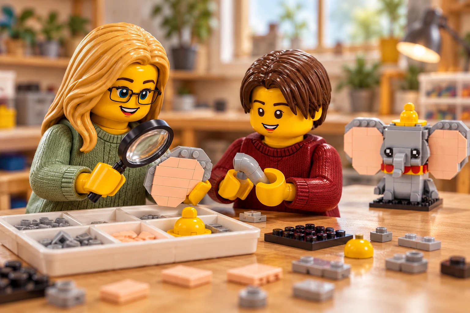 Illustration générée autour du LEGO 40792 Dumbo. L’adulte en pull vert sauge utilise une loupe devant un panneau d’oreille ; l’adolescent en pull bordeaux tient une section de trompe grise au-dessus du plateau.