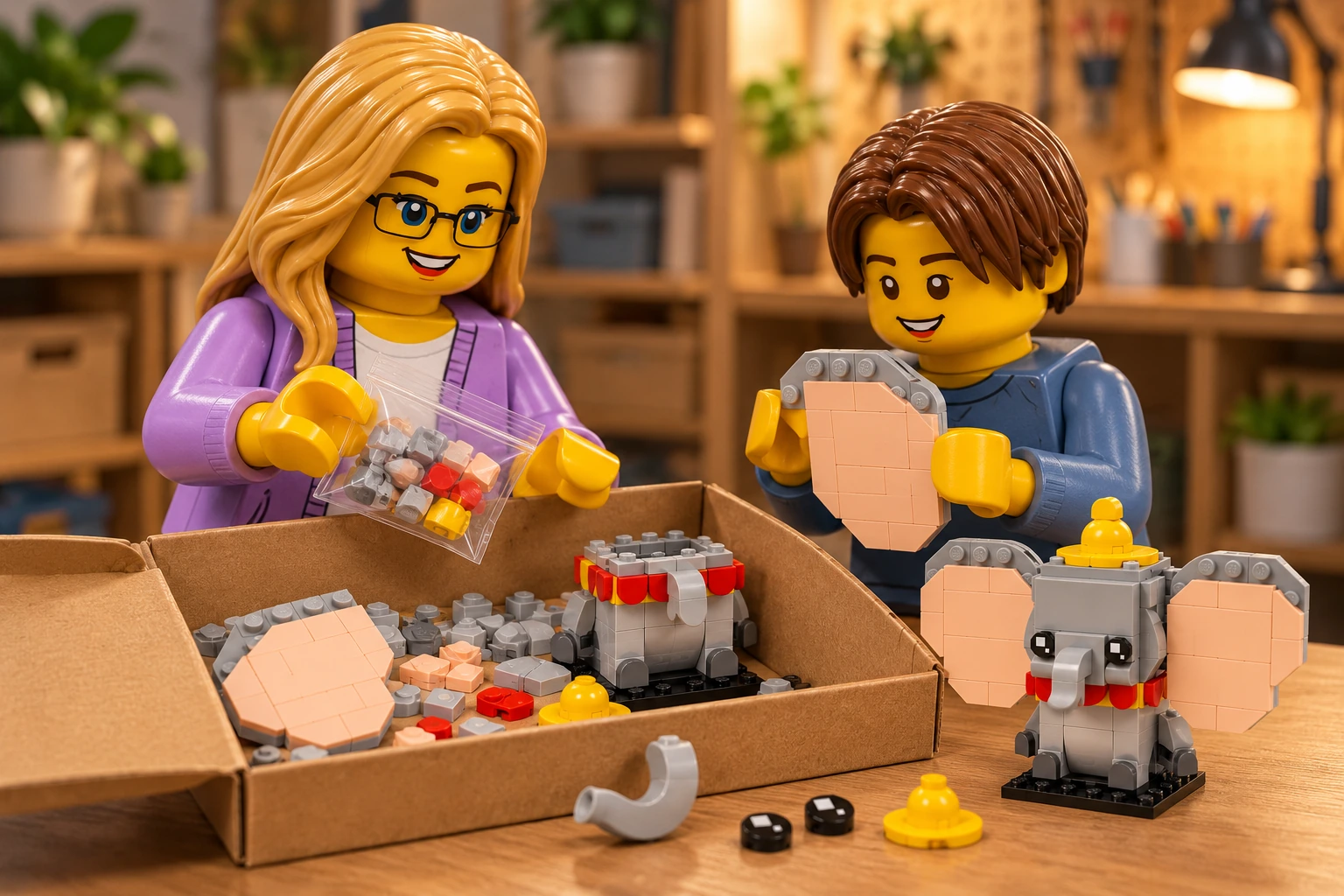 Illustration générée autour du LEGO 40792 Dumbo. L’adulte en cardigan lavande prépare un sachet tandis que l’adolescent en sweat bleu tient un panneau d’oreille ; la boîte contient un corps sans tête et des pièces grises, nougat clair, rouges et jaunes.