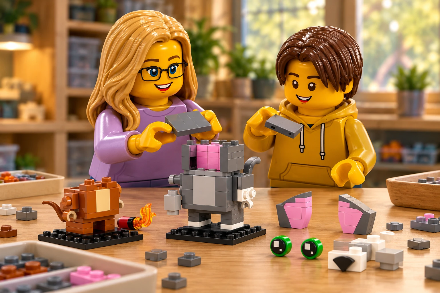 Illustration générée autour du LEGO 40793 Figurines de Tom et Jerry. L’adulte en chemise lavande et l’adolescent en sweat moutarde travaillent sur le noyau ouvert de Tom ; les oreilles roses et les yeux verts restent détachés et le torse de Jerry est sans tête.