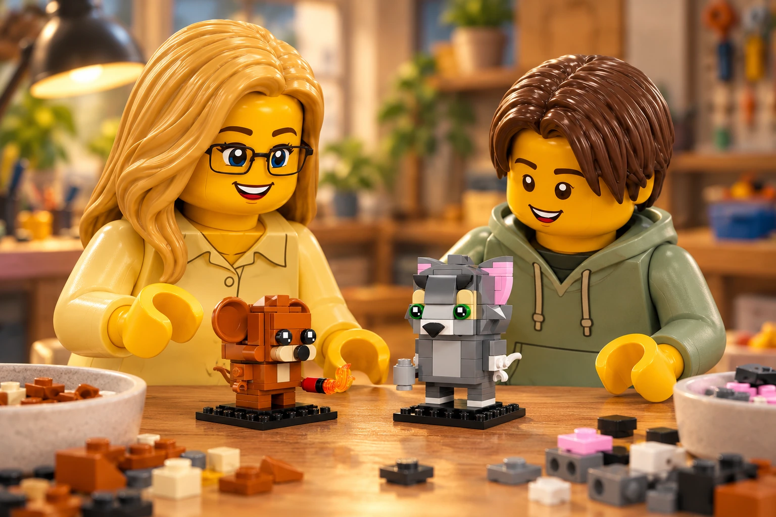 Illustration générée autour du LEGO 40793 Figurines de Tom et Jerry. L’adulte en chemise jaune pâle et l’adolescent en sweat vert sauge découvrent Jerry orange et Tom gris aux yeux verts, chacun sur son petit socle noir.