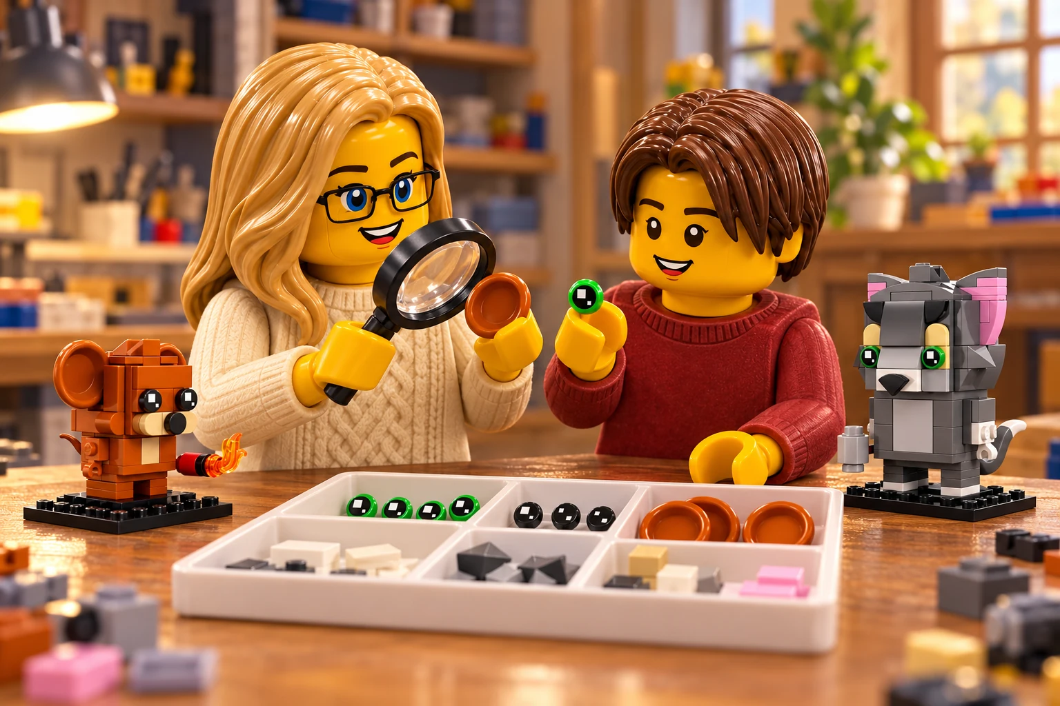 Illustration générée autour du LEGO 40793 Figurines de Tom et Jerry. L’adulte en pull crème compare une coupelle orange à la loupe ; l’adolescent en pull rouge présente un œil vert devant un plateau d’yeux et de pièces grises, blanches et roses.
