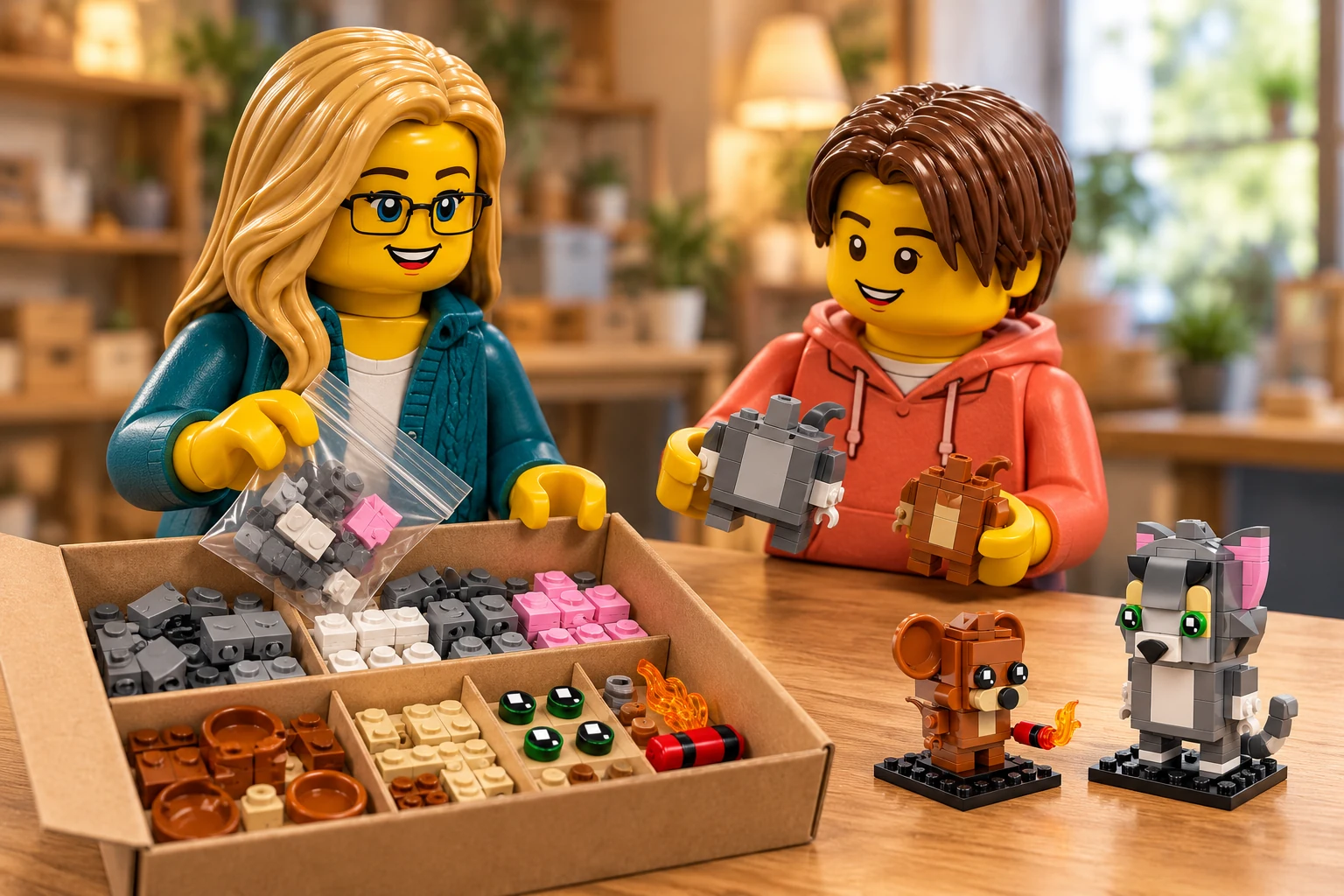 Illustration générée autour du LEGO 40793 Figurines de Tom et Jerry. L’adulte en cardigan bleu canard tient un sachet de pièces ; l’adolescent en sweat corail présente deux torses sans tête au-dessus d’une boîte de pièces grises, orange, beiges et de petits accessoires.