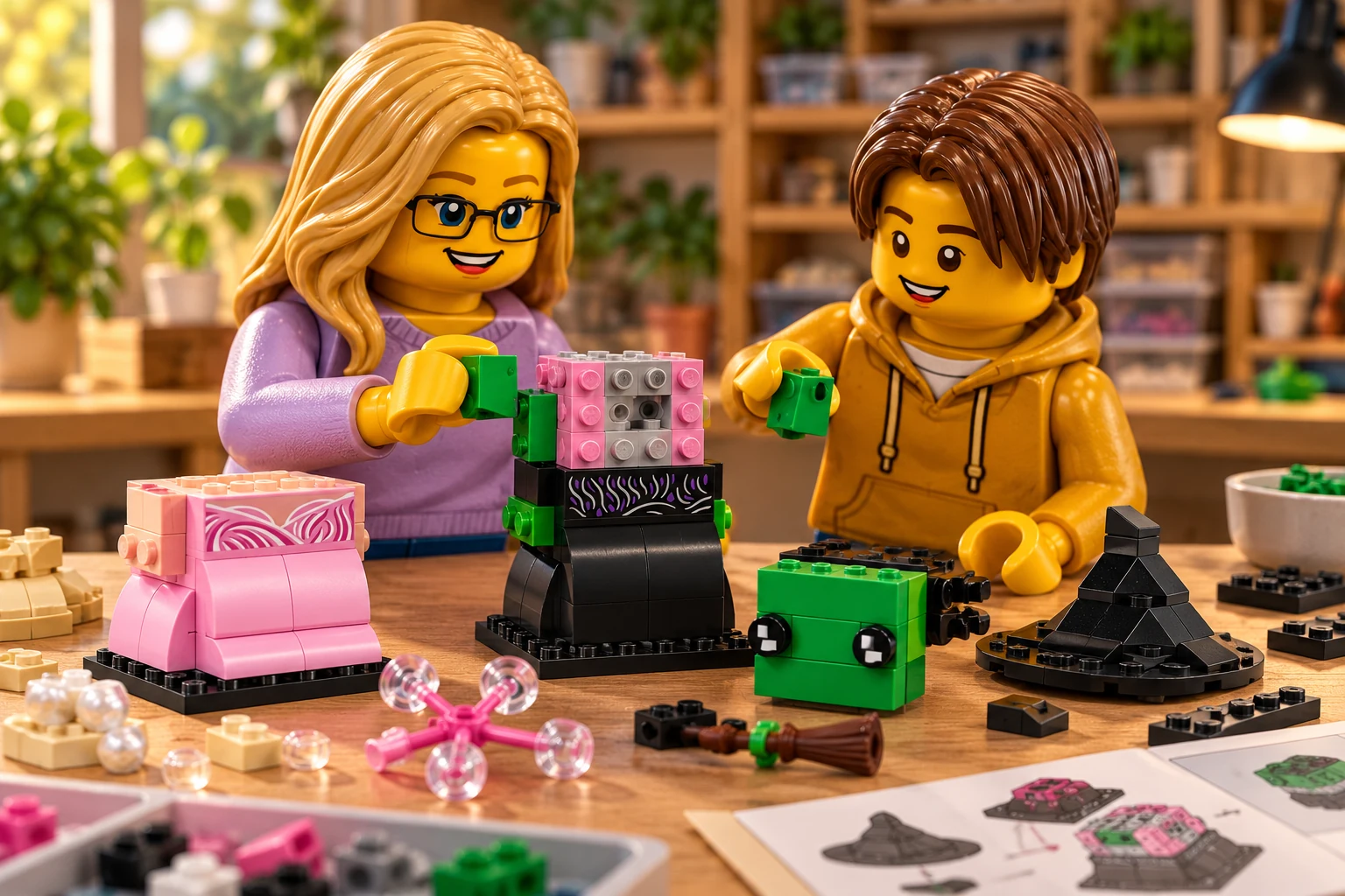 Illustration générée autour du LEGO 40794 Figurines d’Elphaba et de Glinda. L’adulte en haut lavande et l’adolescent en sweat moutarde assemblent la tête ouverte d’Elphaba ; le chapeau et le panneau de visage vert sont détachés, près de la robe rose sans tête.