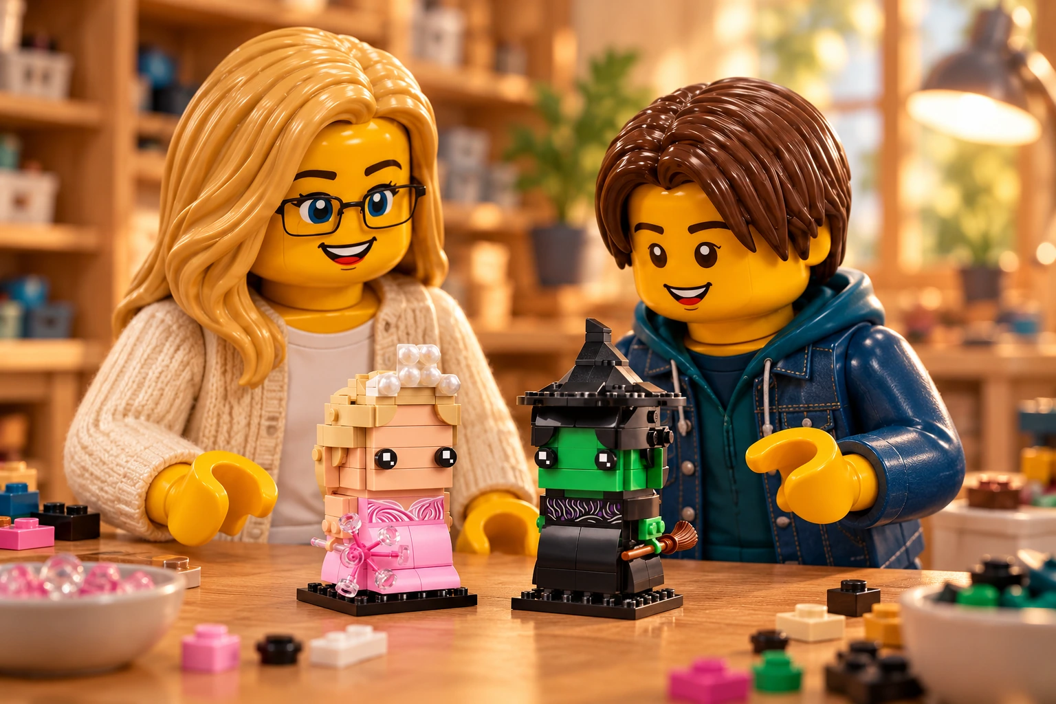 Illustration générée autour du LEGO 40794 Figurines d’Elphaba et de Glinda. L’adulte en cardigan crème et l’adolescent en veste bleue découvrent Glinda à robe rose et couronne claire et Elphaba verte à chapeau noir pointu.