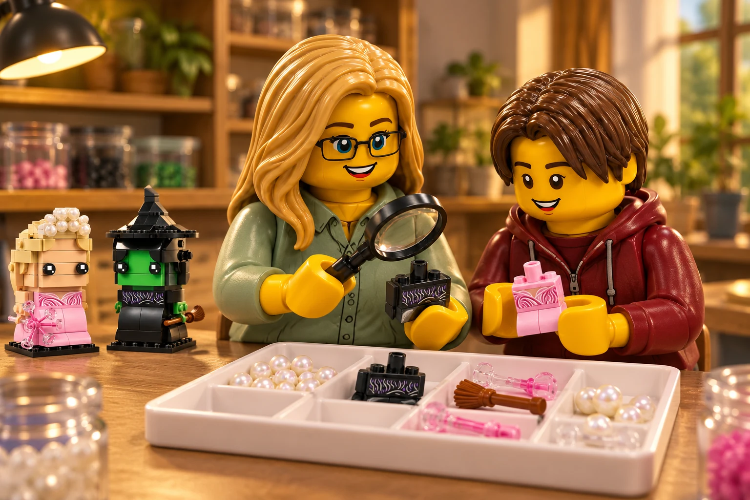 Illustration générée autour du LEGO 40794 Figurines d’Elphaba et de Glinda. L’adulte en chemise vert sauge examine le torse noir à la loupe ; l’adolescent en sweat bordeaux présente le torse rose, devant les éléments de couronne, de balai et de baguette.