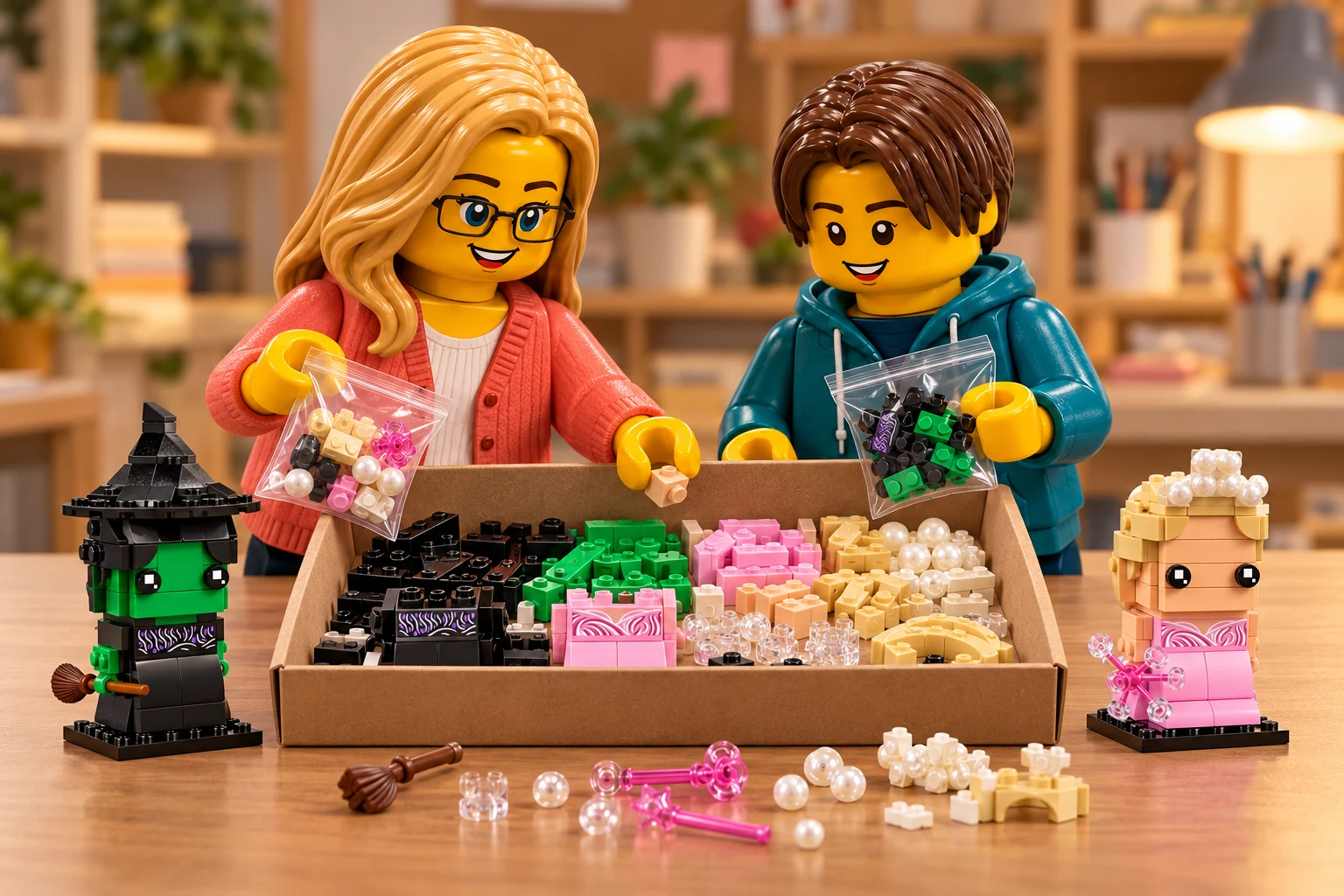 Illustration générée autour du LEGO 40794 Figurines d’Elphaba et de Glinda. L’adulte en cardigan corail et l’adolescent en sweat bleu canard préparent des sachets devant une boîte de pièces vertes, noires, roses et claires et de sections de robes sans tête.