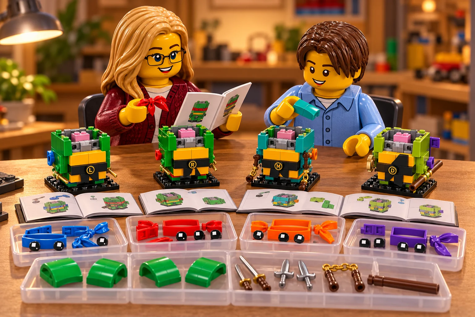 Illustration en personnages de briques — LEGO 40878 : L’adulte, en cardigan bordeaux, compare un nœud rouge à un livret ; l’adolescent, en chemise bleu clair, tient une courbe bleu-vert. Les quatre têtes restent ouvertes, avec noyaux roses et supports gris visibles ; masques, yeux et courbes supérieures sont séparés en bacs.