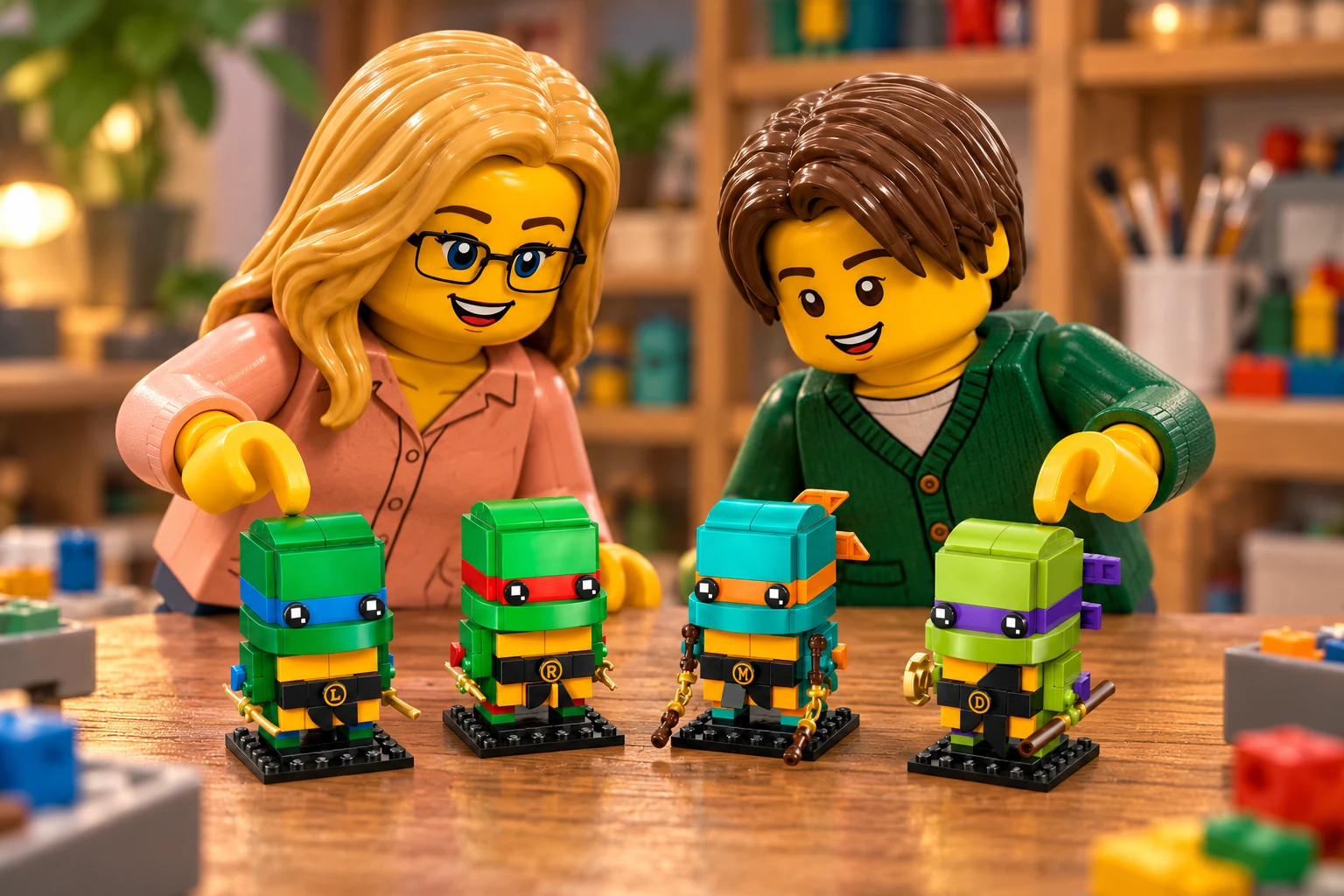 Illustration en personnages de briques — LEGO 40878 : Une adulte blonde à lunettes, en blouse pêche, et un adolescent châtain, en cardigan vert, découvrent les quatre petites Tortues Ninja sur leurs socles, avec masques bleu, rouge, orange et violet.