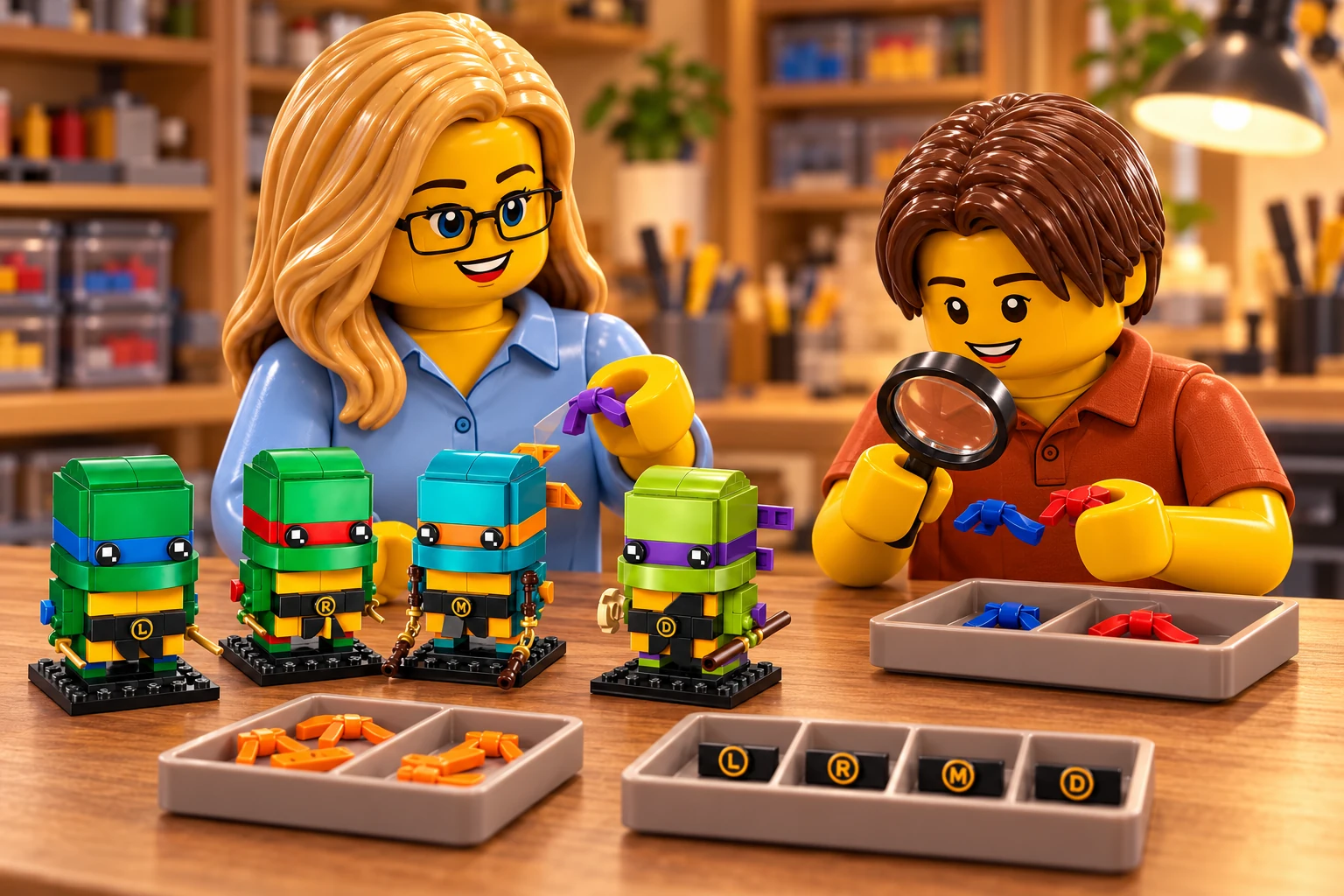 Illustration en personnages de briques — LEGO 40878 : L’adulte, en blouse bleu clair, tient un nœud violet ; l’adolescent, en polo orange, compare à la loupe des nœuds bleu et rouge tenus près du bac. Les quatre modèles sont posés à côté des pièces orange et des tuiles de ceinture à initiales.