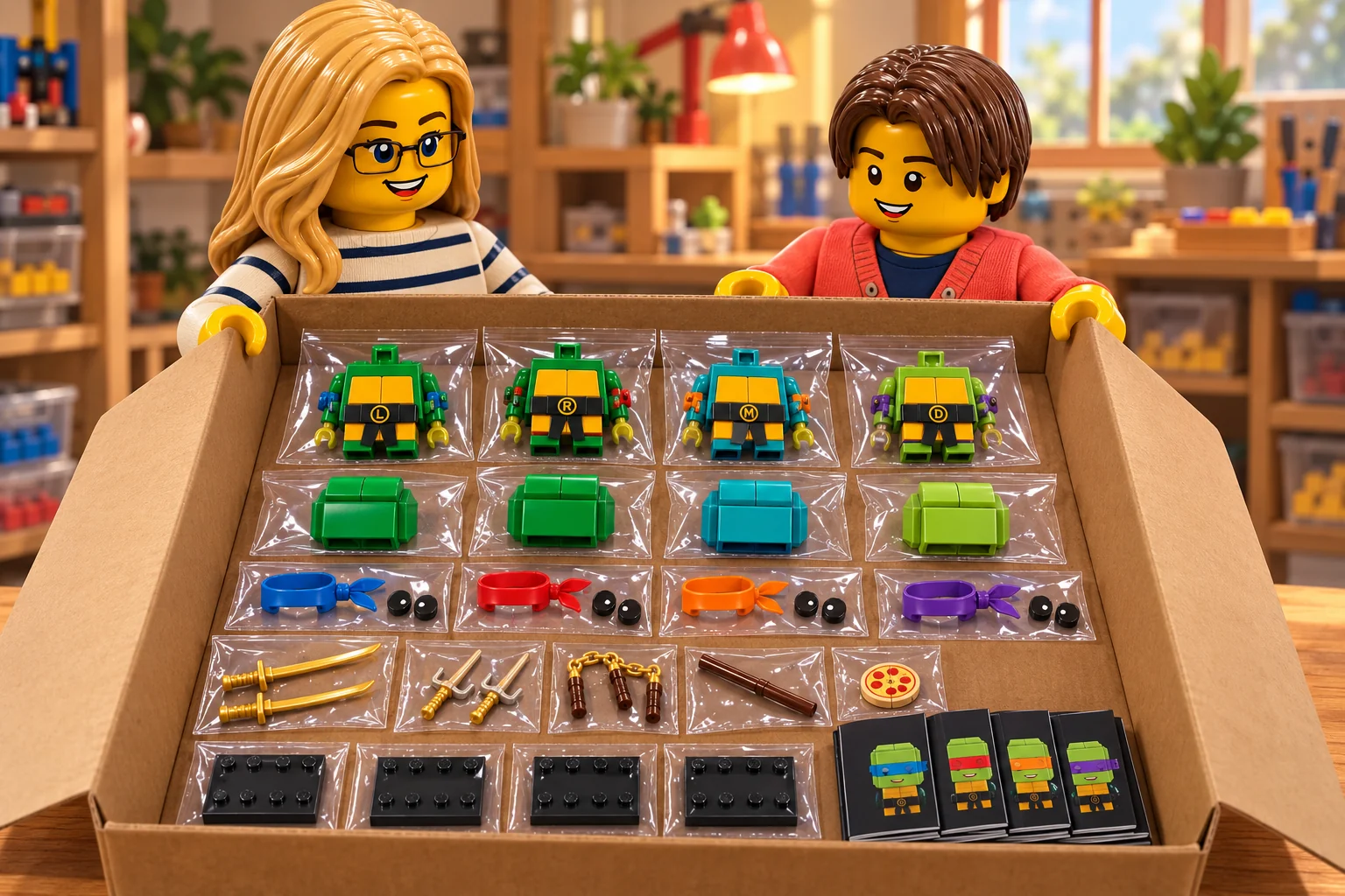 Illustration en personnages de briques — LEGO 40878 : Les deux personnages, en marinière et cardigan corail, tiennent une boîte ouverte. Quatre corps sans tête, quatre modules de tête séparés, masques de quatre couleurs, yeux, armes, socles et livrets sont rangés en sachets distincts.