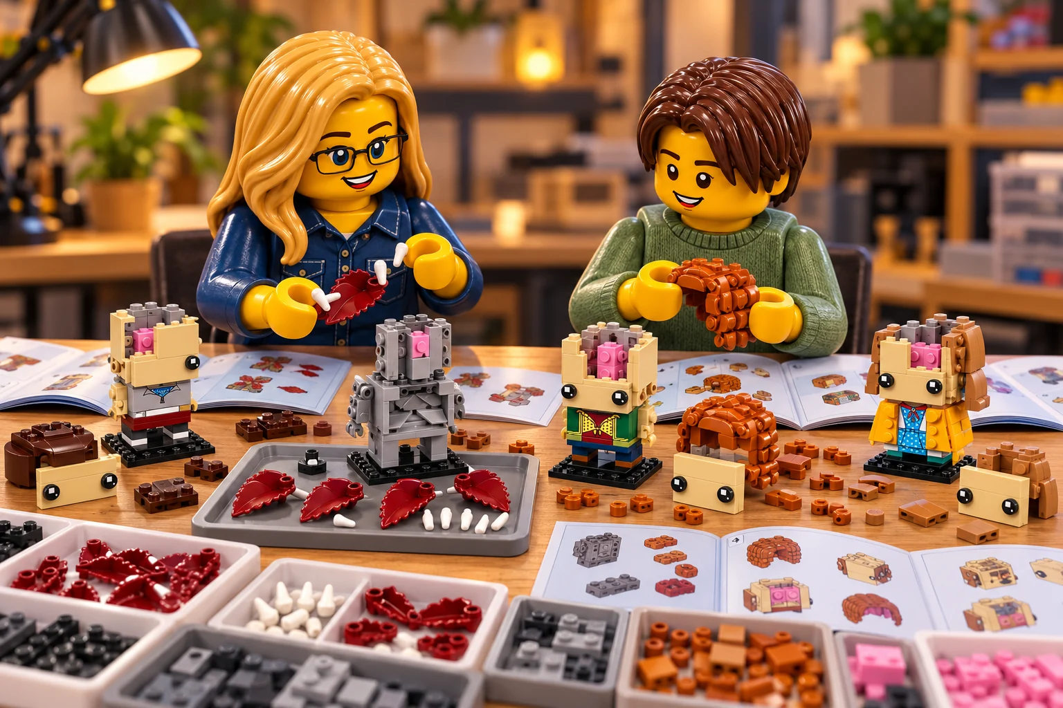 Illustration en personnages de briques — LEGO 40879 : L’adulte, en chemise bleu foncé, assemble des dents sur un pétale rouge foncé ; l’adolescent, en pull vert, tient une coiffure bouclée orange séparée. Les têtes restent ouvertes, avec noyaux roses et supports gris visibles ; des coiffures, faces et pétales sont détachés sur la table.