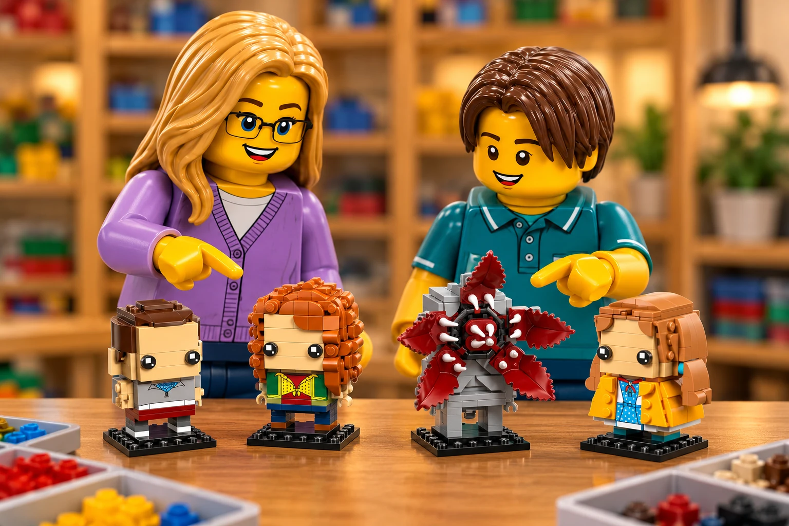Illustration en personnages de briques — LEGO 40879 : Une adulte blonde à lunettes, en cardigan lavande, et un adolescent châtain, en polo bleu canard, découvrent les quatre modèles : Onze, Max, le Démogorgon et Holly, sur leurs petits socles.