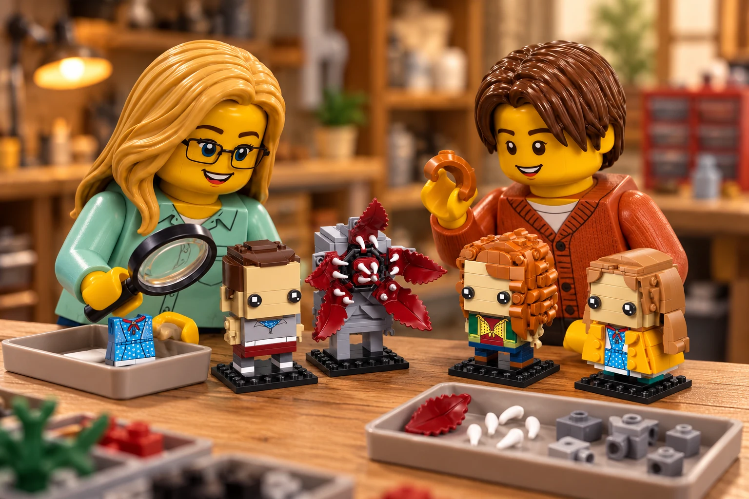 Illustration en personnages de briques — LEGO 40879 : L’adulte, en blouse menthe, examine à la loupe le panneau bleu imprimé de la robe de Holly ; l’adolescent, en cardigan orange, tient un élément de boucle orange. Les quatre modèles sont posés près d’un bac de pétales, de dents blanches et de supports gris.