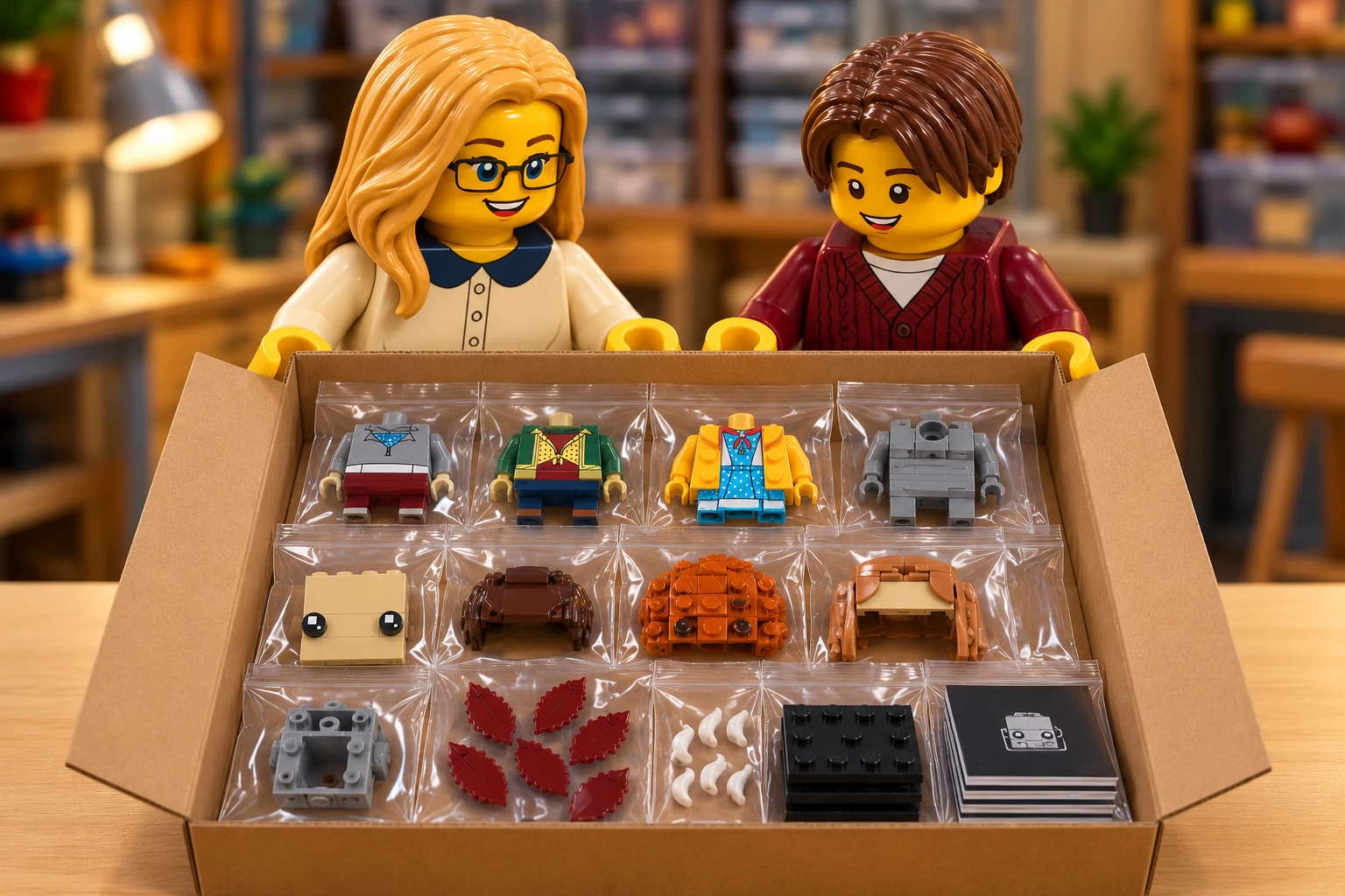 Illustration en personnages de briques — LEGO 40879 : L’adulte, en blouse crème à col bleu, et l’adolescent, en cardigan bordeaux, tiennent une boîte ouverte contenant quatre corps sans tête. Faces, coiffures, structure grise, pétales rouge foncé, dents blanches, socles et livrets sont séparés dans des sachets.