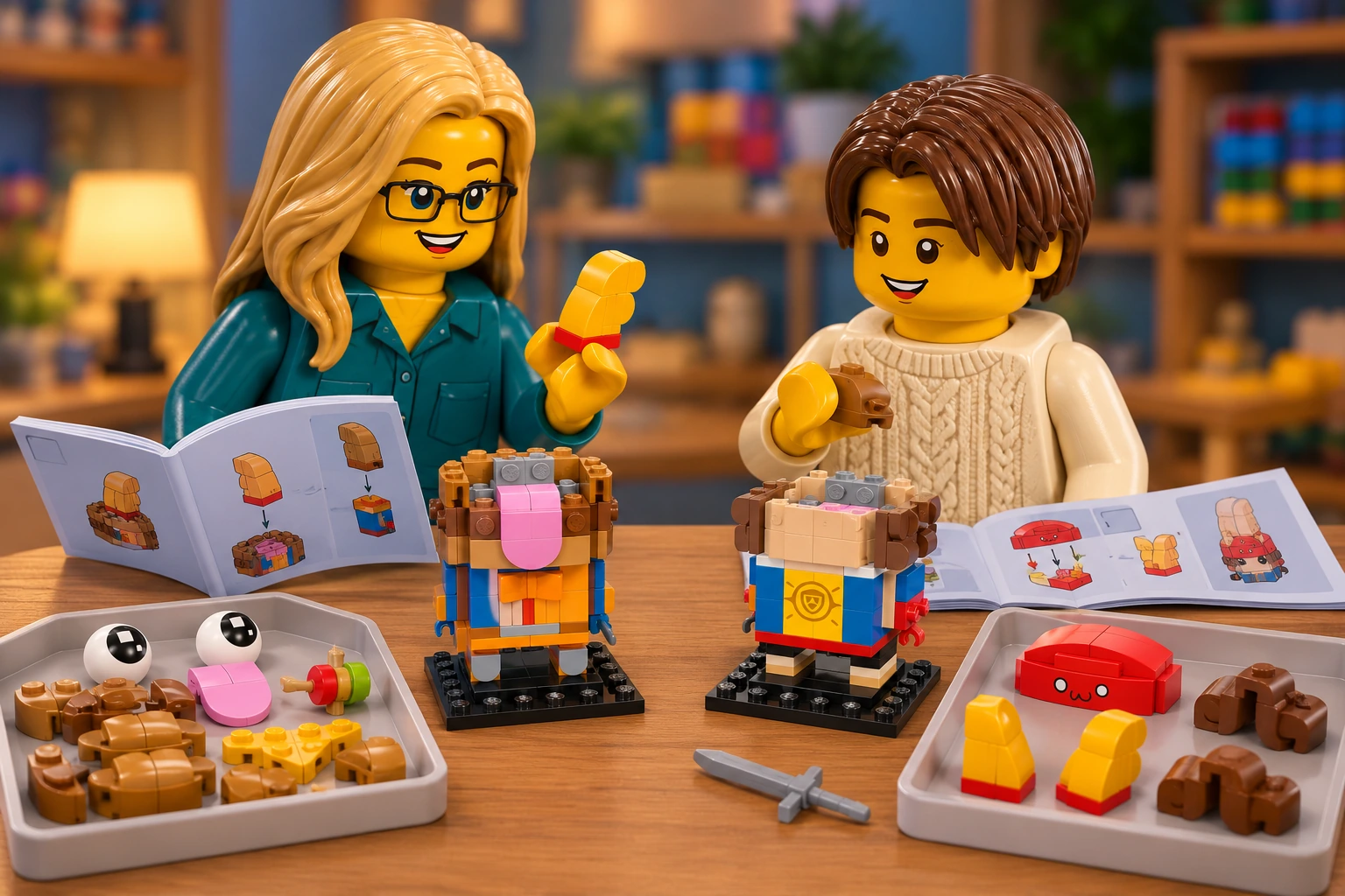 Illustration en personnages de briques — LEGO 40910 : L’adulte, en blouse bleu canard, tient le module jaune-orangé des cornes ; l’adolescent, en pull crème, assemble une partie du pain. Les deux têtes restent ouvertes, avec supports gris et noyaux roses visibles ; chapeau, yeux et éléments du pain sont séparés, tandis que la langue est déjà fixée à l’avant du hamburger inachevé.