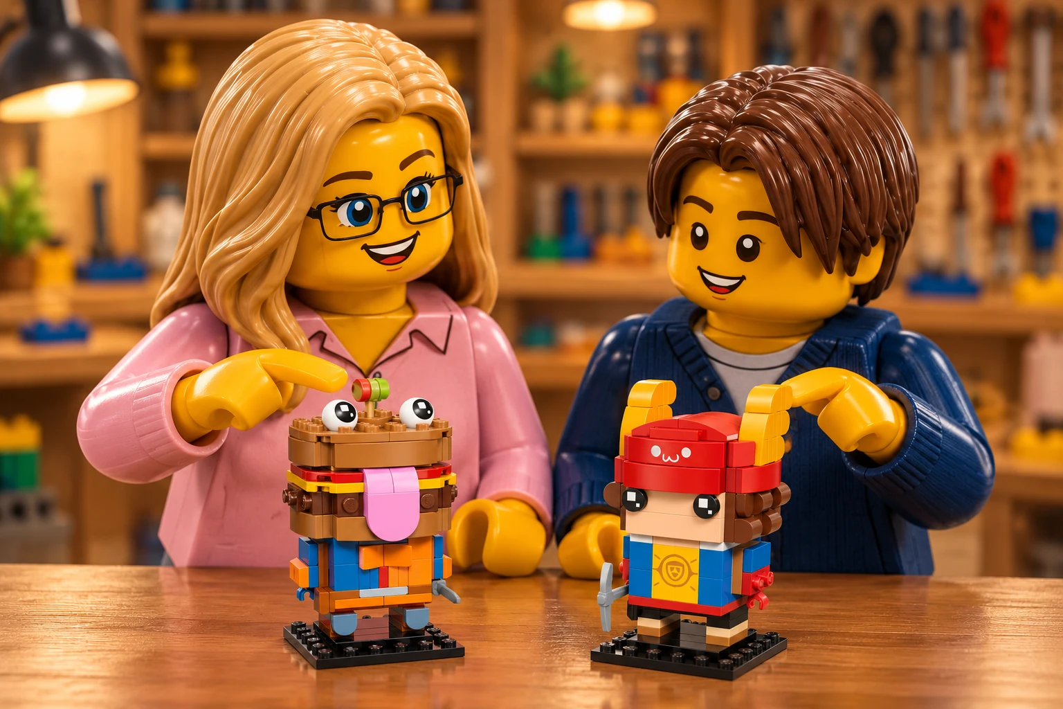 Illustration en personnages de briques — LEGO 40910 : Une adulte blonde à lunettes, en blouse rose, et un adolescent châtain, en cardigan bleu foncé, découvrent les petits modèles de Boss Burger et Skye sur leurs socles noirs.