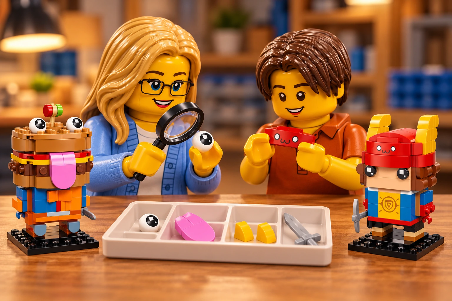 Illustration en personnages de briques — LEGO 40910 : L’adulte, en cardigan bleu, examine à la loupe un œil blanc sphérique décoré ; l’adolescent, en haut orange, tient le panneau rouge imprimé du chapeau. Les deux modèles sont posés près d’un bac contenant langue, cornes et épée.
