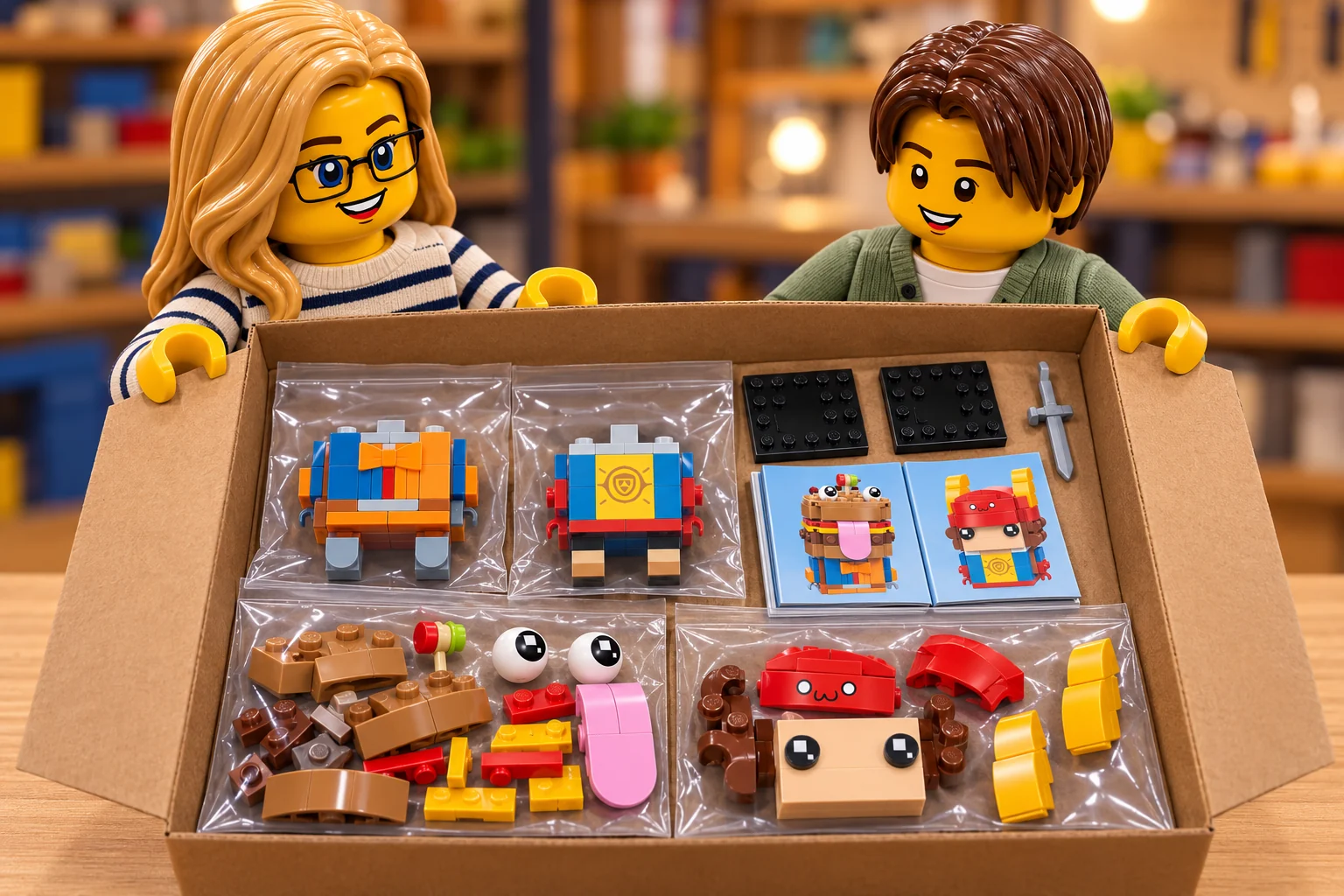 Illustration en personnages de briques — LEGO 40910 : L’adulte, en blouse rayée, et l’adolescent, en haut vert, tiennent une boîte ouverte contenant les deux corps sans tête en sachets. Éléments du pain, yeux sphériques, langue, face de Skye, chapeau, cheveux, cornes, épée, socles et livrets sont séparés à l’intérieur.
