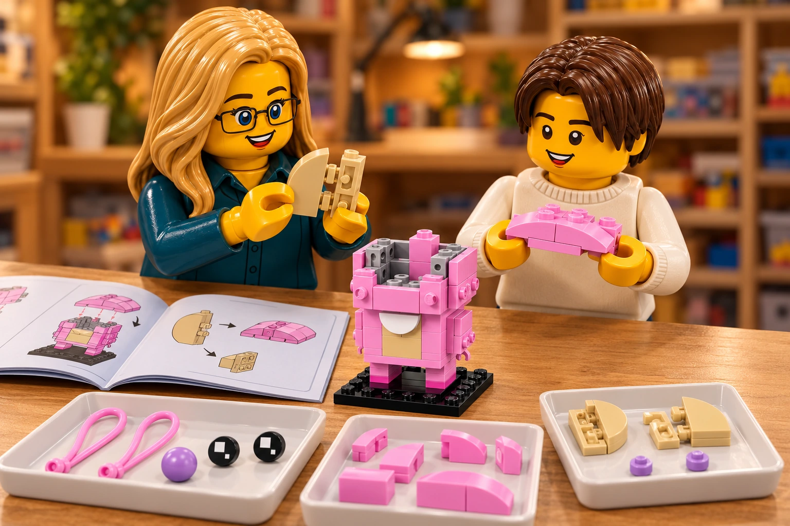 Illustration en personnages de briques — LEGO 40922 : L’adulte, en blouse bleu canard, assemble un intérieur d’oreille tan ; l’adolescent, en pull crème, tient le module rose supérieur de tête encore détaché. La tête reste grande ouverte, avec supports gris et noyau rose visibles ; antennes, nez, yeux et autres éléments d’oreille sont triés dans des bacs.