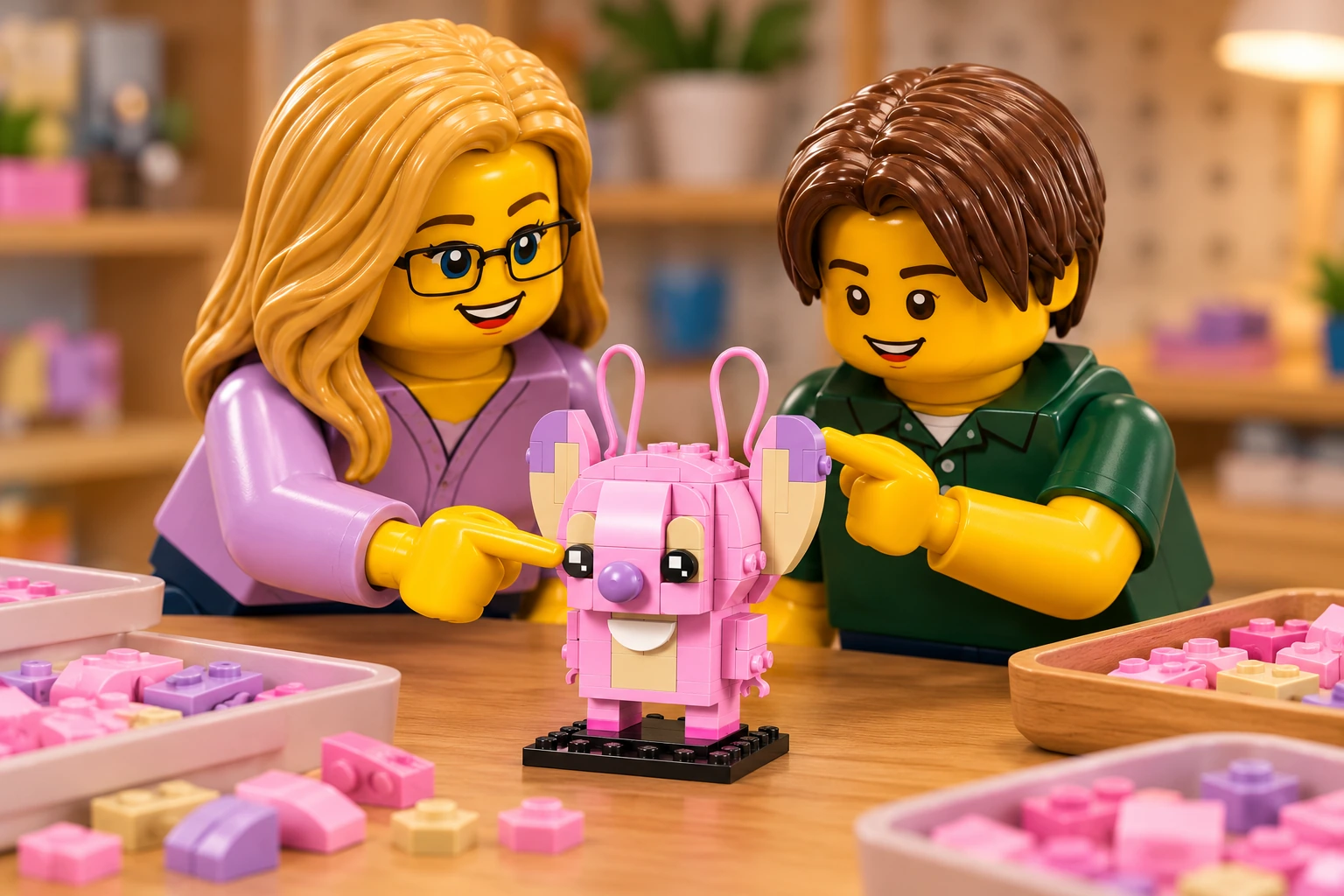 Illustration en personnages de briques — LEGO 40922 : Une adulte blonde à lunettes, en blouse lavande, et un adolescent châtain, en polo vert foncé, découvrent le petit modèle rose d’Angel sur son socle noir.