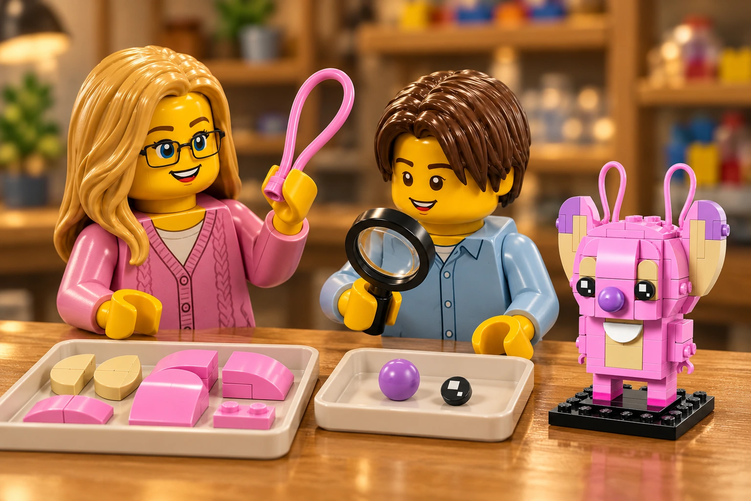 Illustration en personnages de briques — LEGO 40922 : L’adulte, en cardigan rose, tient une antenne rose en boucle pour examiner son extrémité ; l’adolescent, en chemise bleu clair, approche une loupe du nez sphérique lavande et d’un œil noir imprimé posés dans un bac. Angel est présentée à côté des pièces de comparaison.