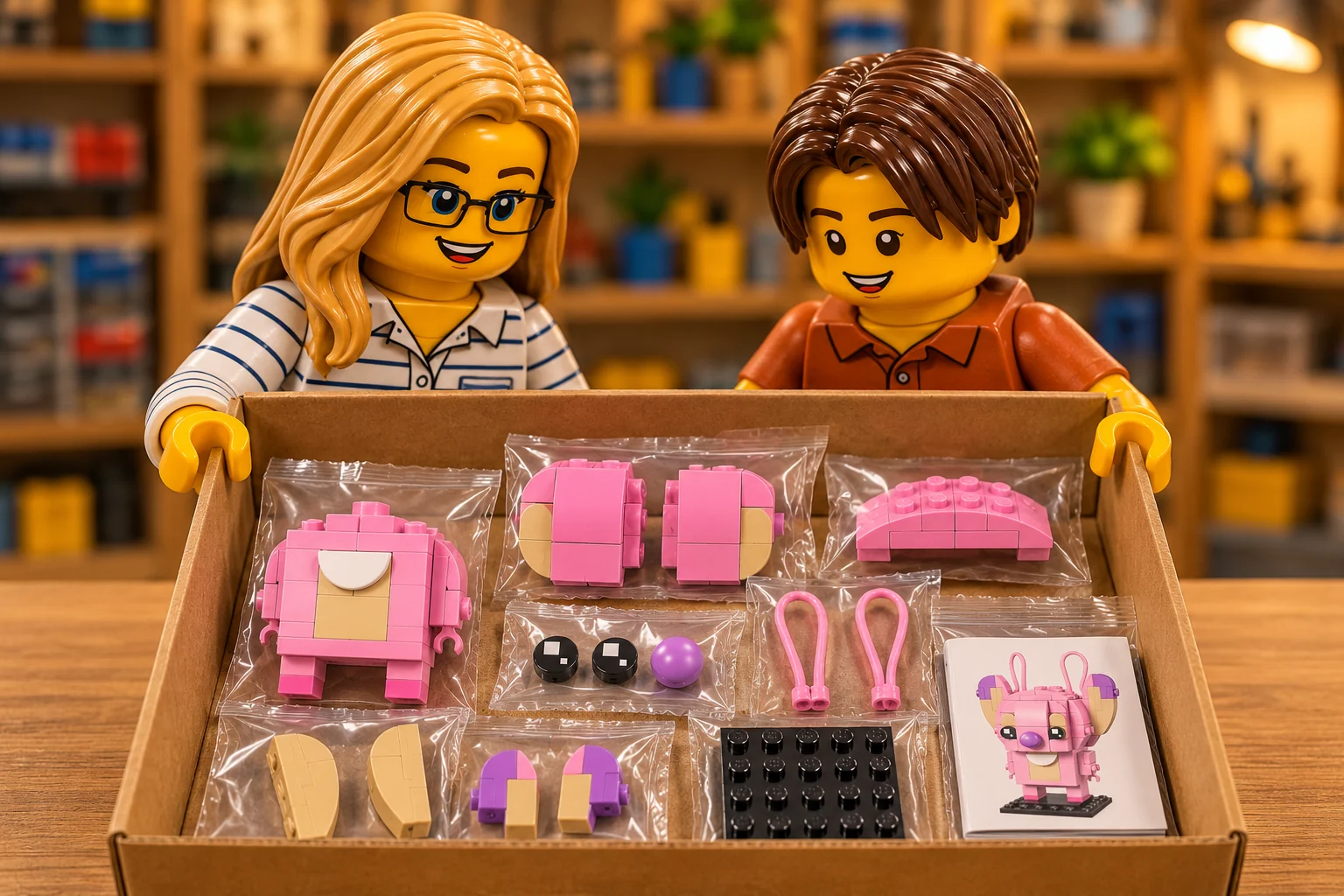 Illustration en personnages de briques — LEGO 40922 : L’adulte, en blouse blanche à rayures bleues, et l’adolescent, en polo orange, tiennent une boîte ouverte contenant le corps rose sans tête, les panneaux de tête et le module supérieur séparés en sachets. Antennes, yeux, nez lavande, éléments d’oreille tan et lavande, socle noir et livret sont rangés séparément à l’intérieur.