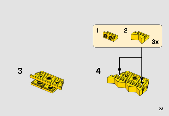 Notice LEGO 41586, page 23 : Sous-assemblage de cape jaune : trois motifs de pentes, face intérieure.