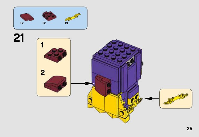 Notice LEGO 41586, page 25 : Queue de cheval rouge foncé et Batarang jaune : montage vu de dos.