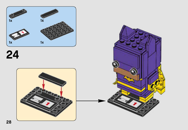Notice LEGO 41586, page 28 : Construction du socle et installation de Batgirl, avec la plaque de série 1.