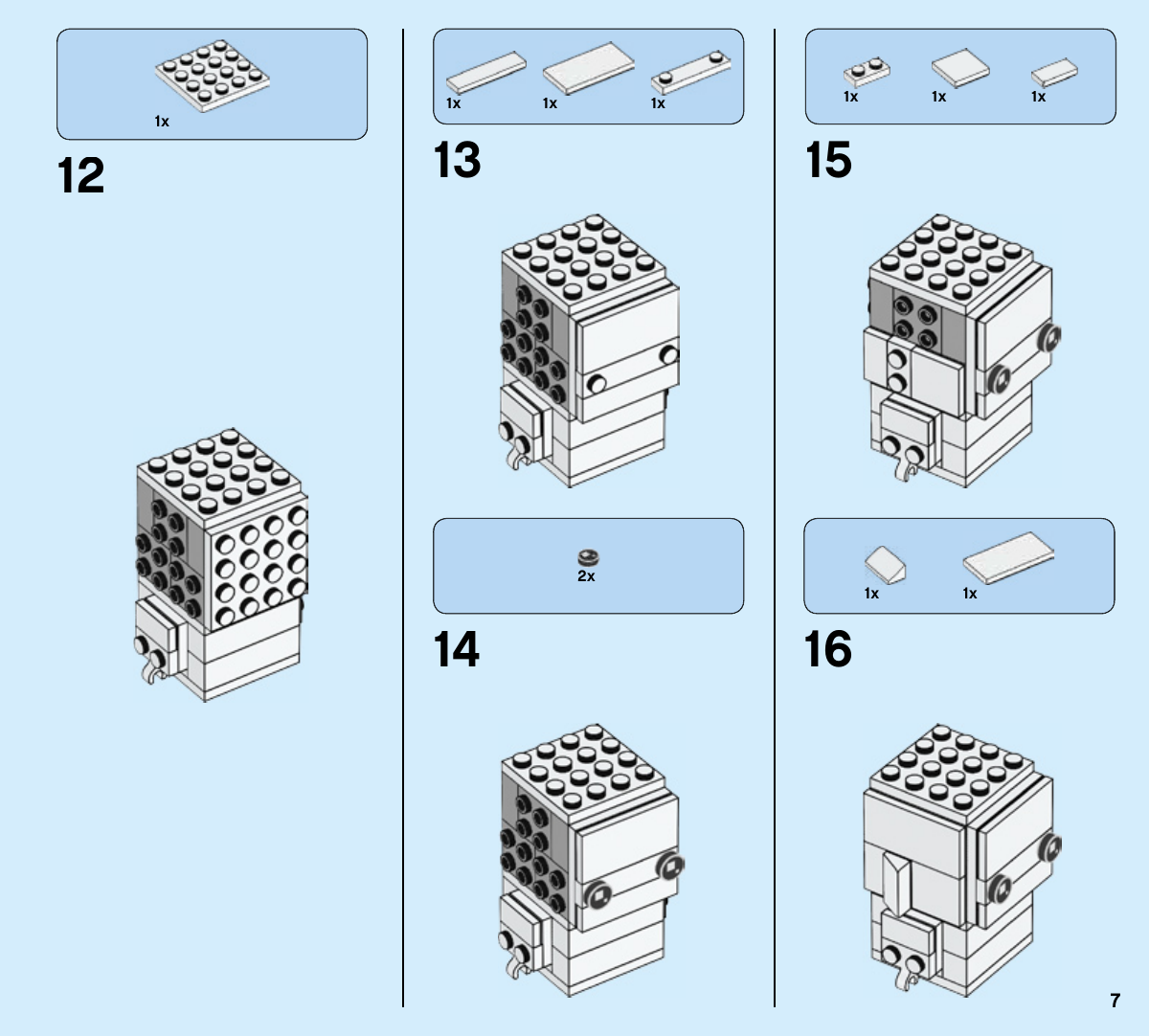 Notice LEGO 41597, page 7 : Habillage du visage du personnage blanc ; les deux yeux ronds noirs sont posés à l’étape 14, sur deux points de fixation distincts.