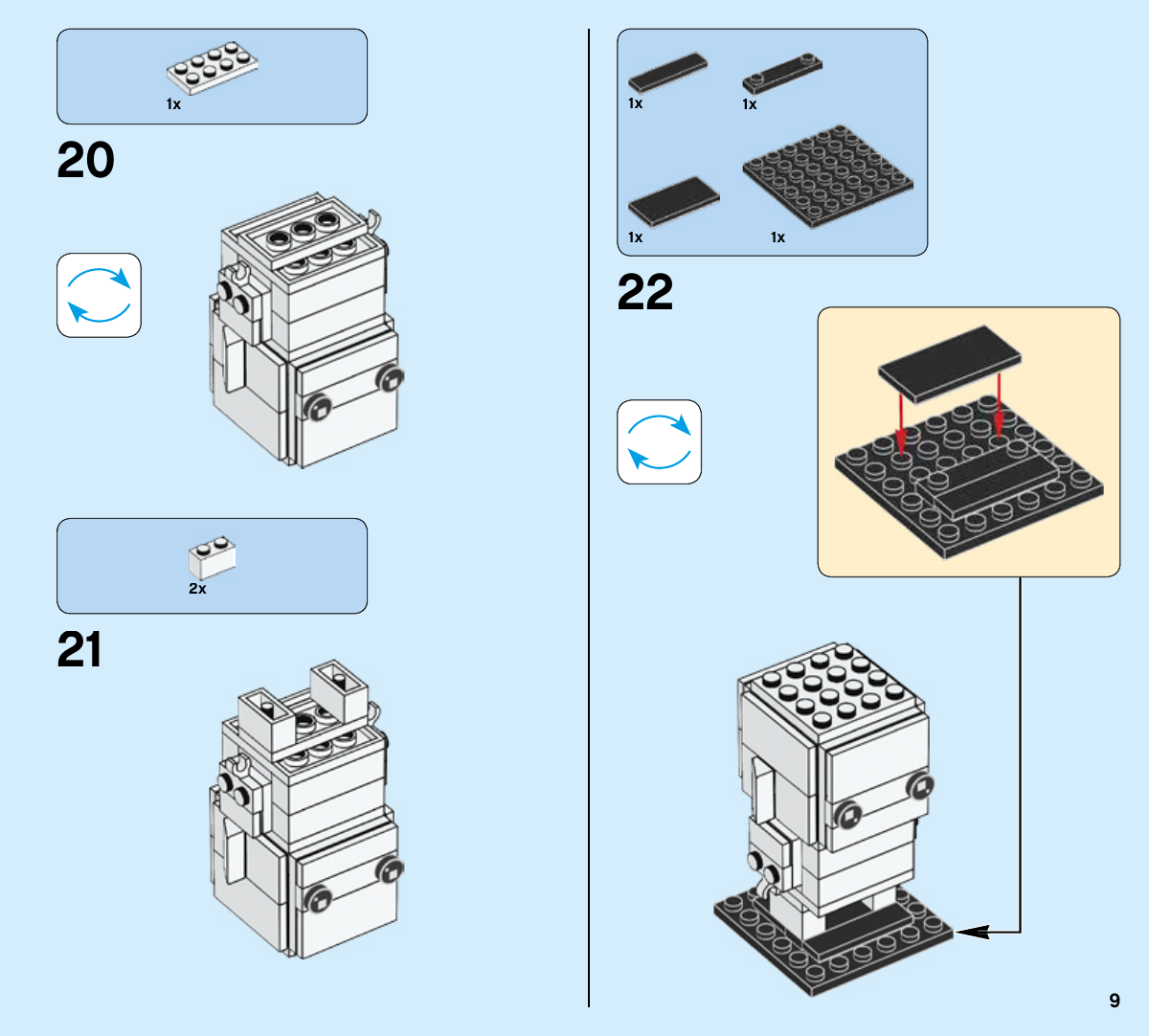 Notice LEGO 41597, page 9 : Fin du personnage blanc : dessous du corps et pieds, puis construction de la base sur une plaque noire 6 × 6 à l’étape 22.
