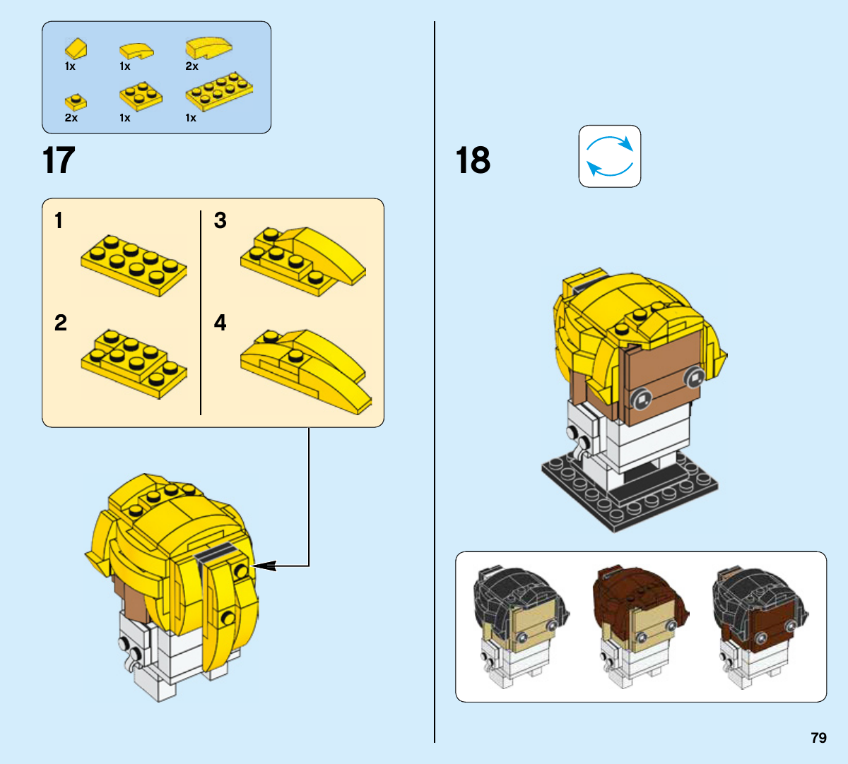 Notice LEGO 41597, page 79 : Assemblage et pose d’une mèche à l’arrière d’une option de coiffure jaune, puis vue retournée et autres combinaisons de couleurs. Ce dos appartient à cette option précise.