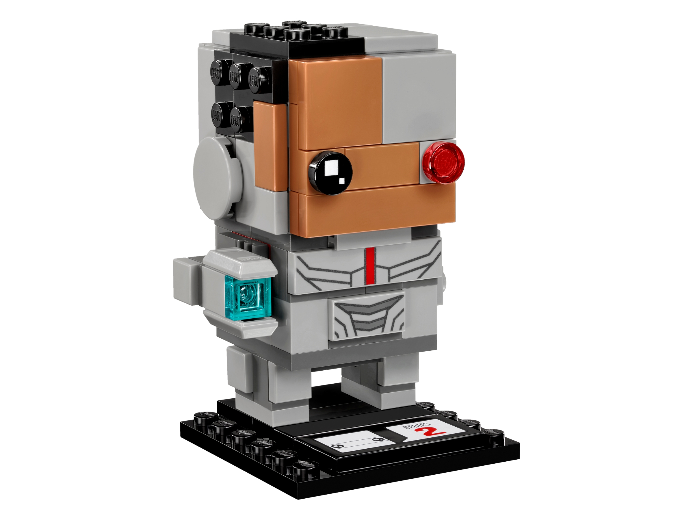 Cyborg LEGO BrickHeadz 41601, visage brun et gris, œil noir et œil rouge, armure imprimée et bras avec un élément bleu transparent, sur son socle de série 2.