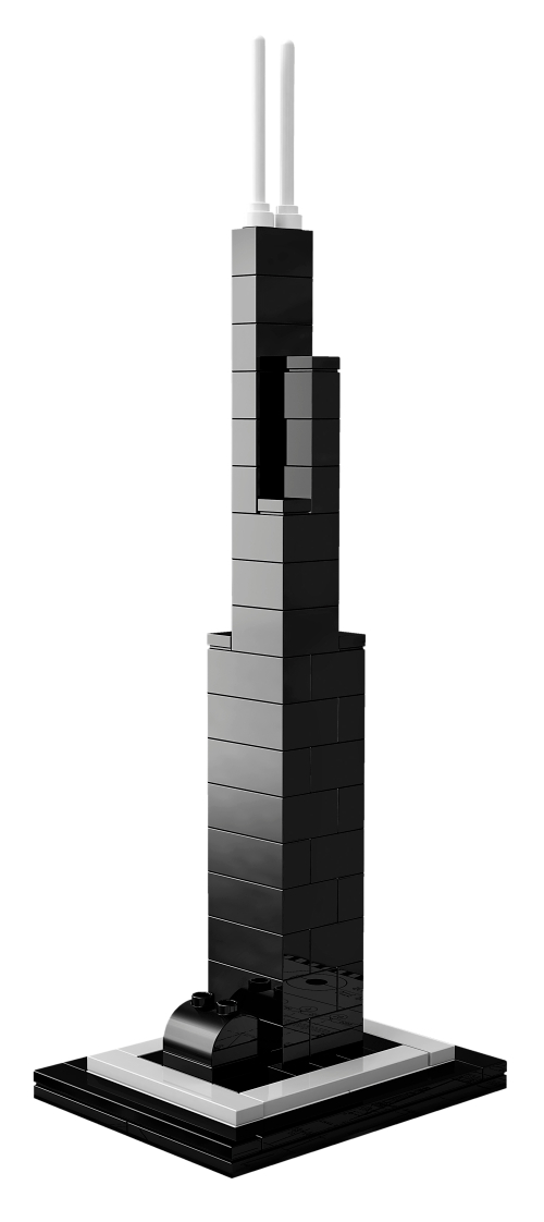 LEGO 21000 Willis Tower, tour noire à retraits et deux antennes blanches sur un socle carré.
