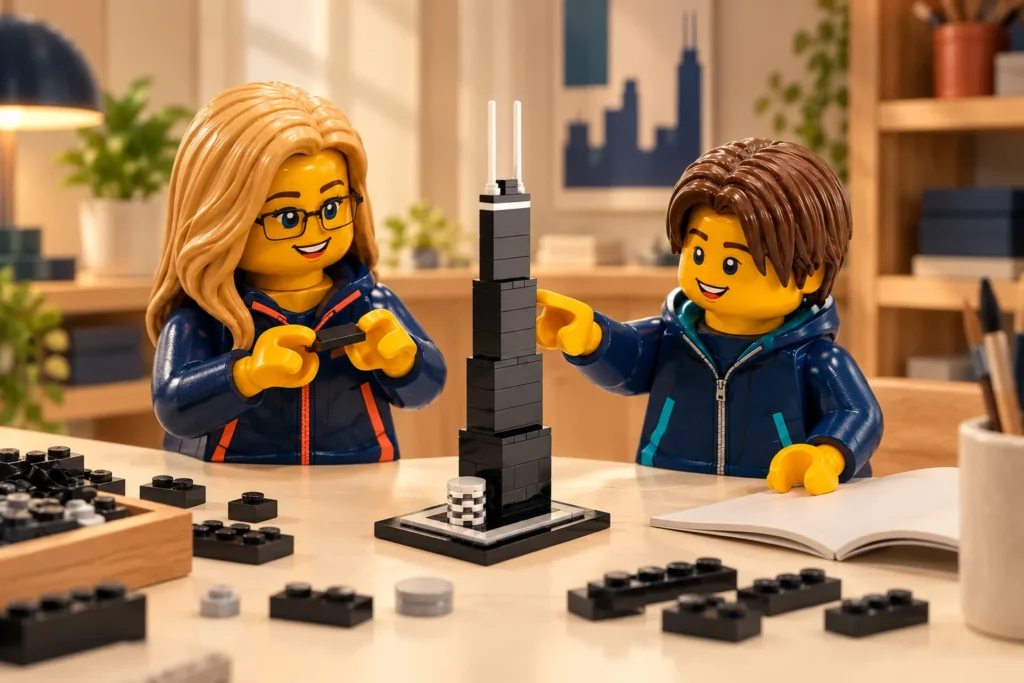 Une adulte, blonde à lunettes et aux yeux bleus, et un adolescent observent les retraits d’une petite tour noire sur une table.