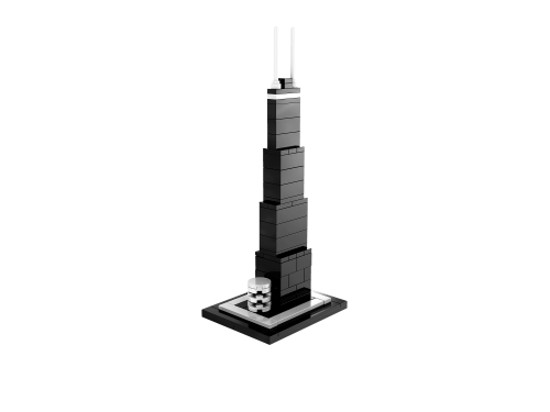 LEGO John Hancock Center 21001, tour noire effilée à deux antennes blanches et petit volume rond sur le socle.
