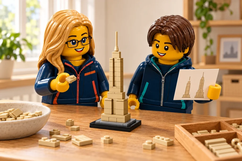 Une adulte tient une petite plaque beige et un adolescent montre deux dessins de tours auprès d’une maquette à flèche.
