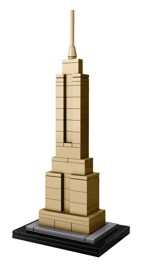 LEGO Empire State Building 21002, petite tour beige à retraits et longue flèche, sur un socle gris et noir.