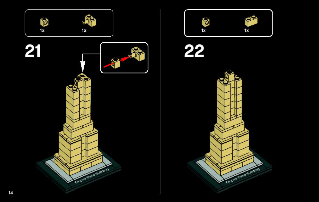 Notice LEGO Empire State Building 4580898, page 14, liaison des briques à trou.