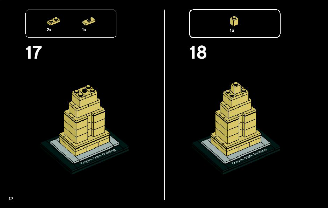 Notice LEGO Empire State Building 4580898, page 12, étapes 17 et 18.