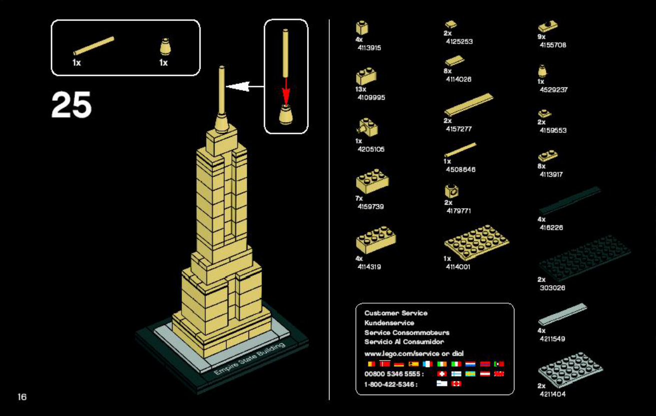 Notice LEGO Empire State Building 4580898, page 16, montage final de la flèche et liste de pièces.