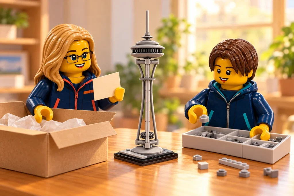 Une adulte prépare une fiche vierge et un adolescent trie des pièces grises près d’une Space Needle et d’une boîte ouverte.