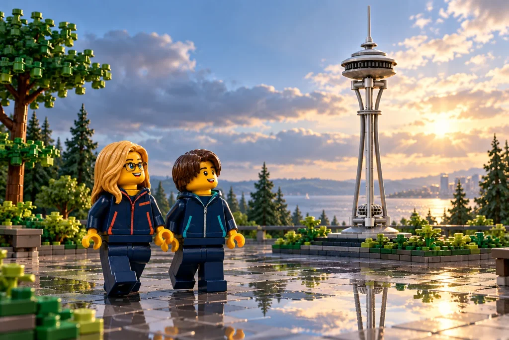 Une adulte et un adolescent se promènent dans un parc imaginaire en briques, près d’une tour grise en forme de Space Needle.