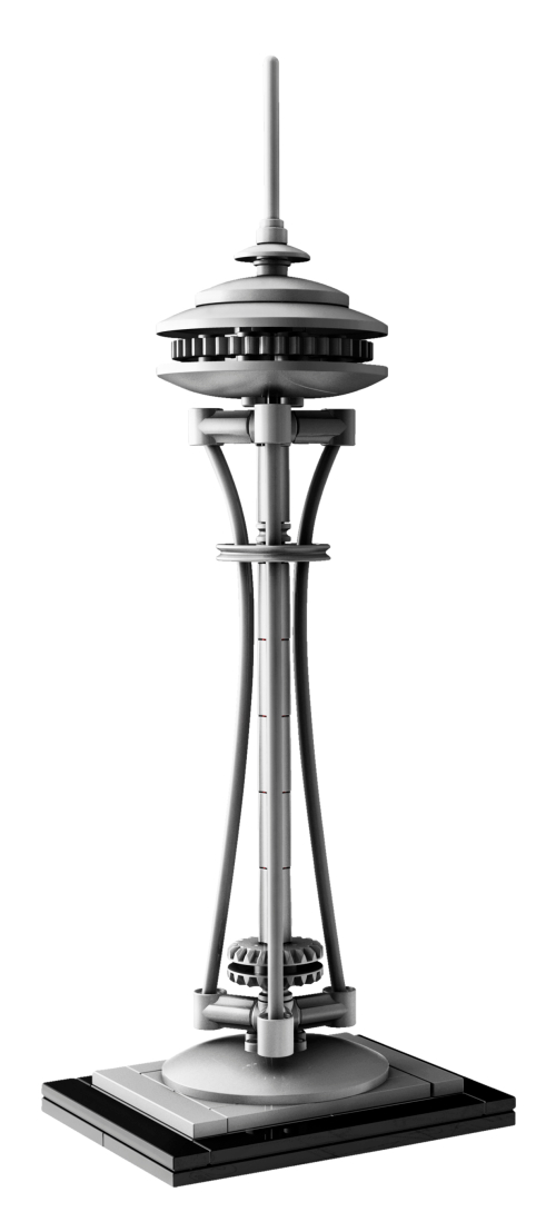 LEGO Seattle Space Needle 21003, tour grise à trois supports courbes et sommet circulaire, sur un socle noir.