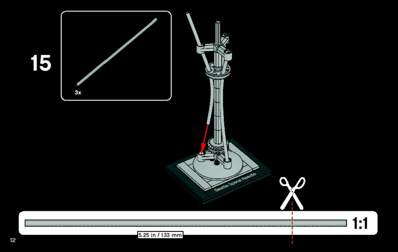 Notice LEGO Space Needle 4580899, page 12, trois tubes à recouper à 133 mm.