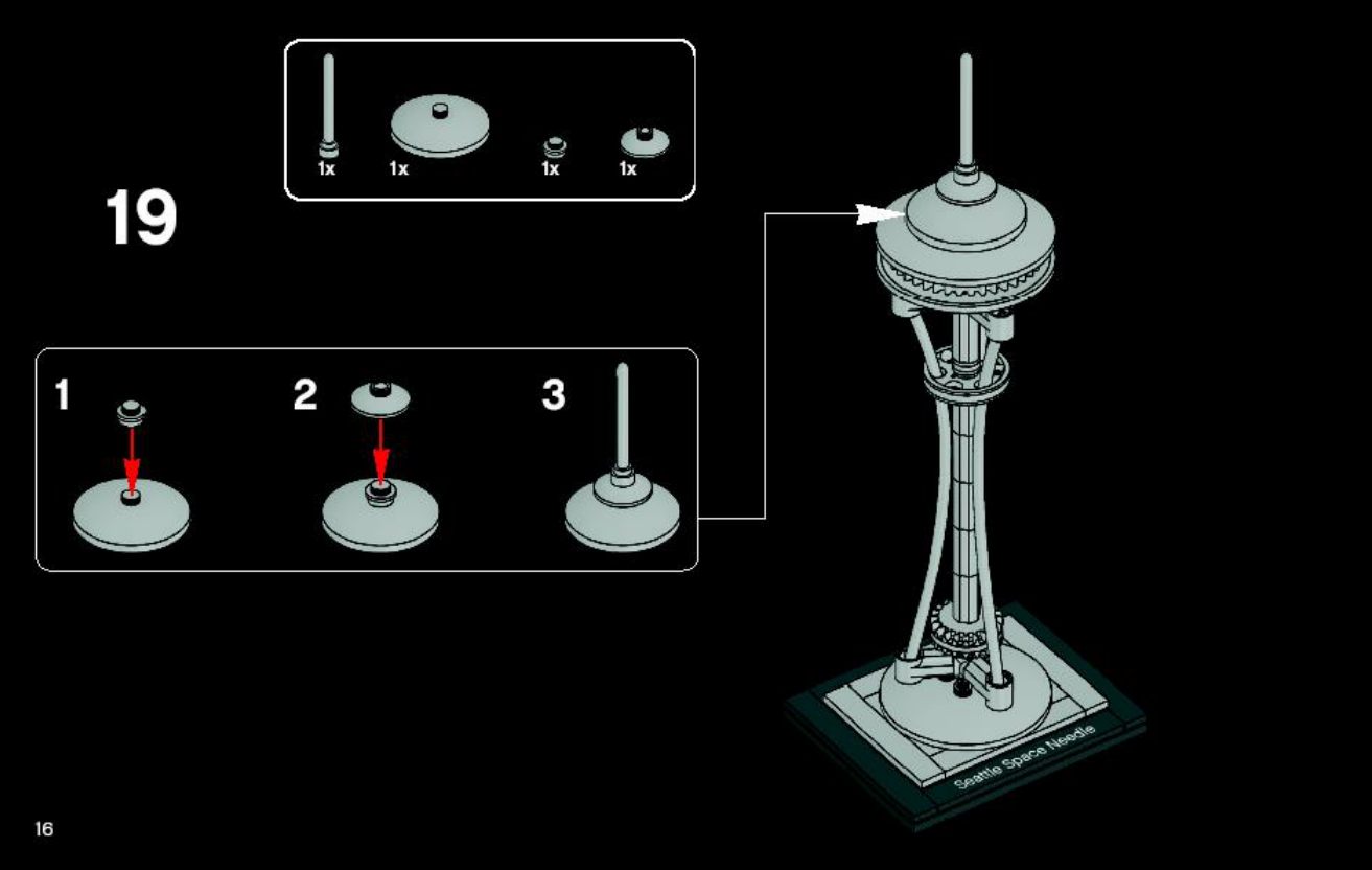 Notice LEGO Space Needle 4580899, page 16, assemblage du toit et de l’antenne.