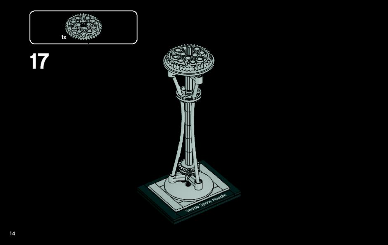Notice LEGO Space Needle 4580899, page 14, installation de la roue de 40 dents.