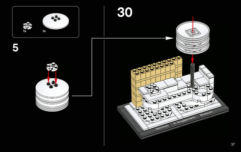 Notice LEGO Guggenheim 6004884, page 37, pose de la rotonde sur l’axe noir.