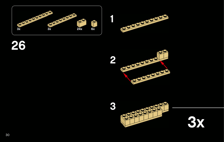 Notice LEGO Guggenheim 6004884, page 30, trois modules du mur beige.